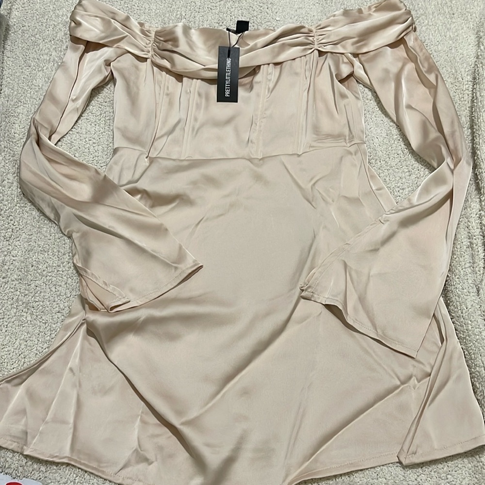 PrettyLittleThing Cream Satin Off-Shoulder Mini Dress